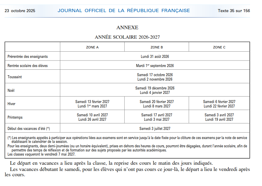 Calendrier vacances scolaires 2026-2027 - [ASSETEC]